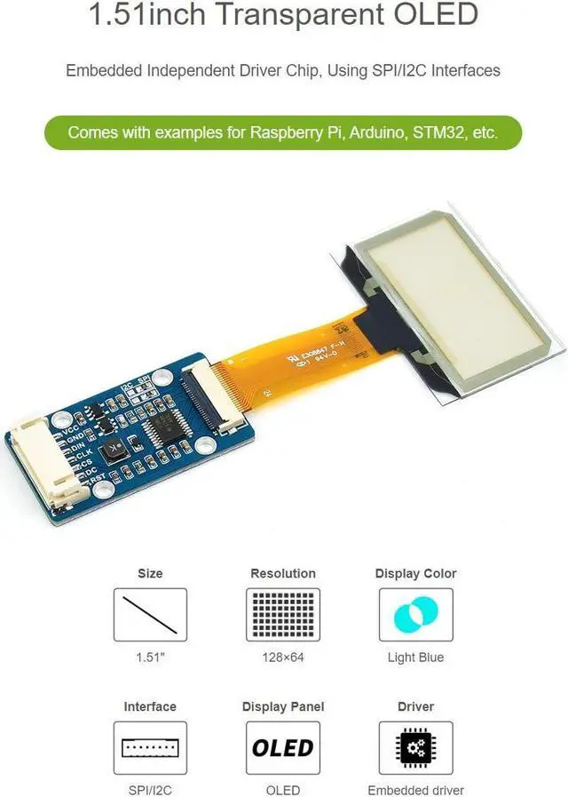 Alt view image 3 of 5 - waveshare 1.51inch Transparent OLED 128x64 Resolution Compatible with Raspberry Pi 4B/3B+/3A+ Embedded Independent Driver Chip SPI/I2C Interfaces Light Blue Color Display