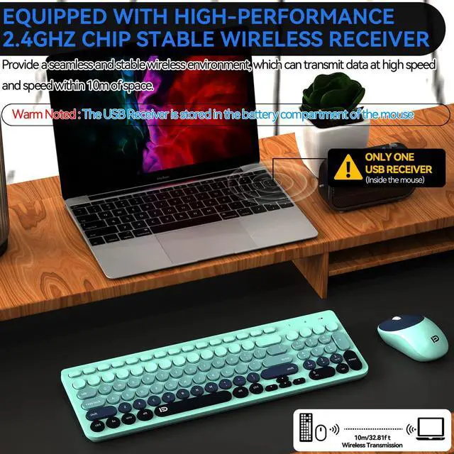 Alt view image 2 of 5 - FD Wireless Keyboards and Mouse Combo - 2.4GHz USB Cordless, Cute Wireless Keyboard Round Keys, Quiet and Slim Set for Laptop, Computer, TV and Mac - Indigo Blue Colorful