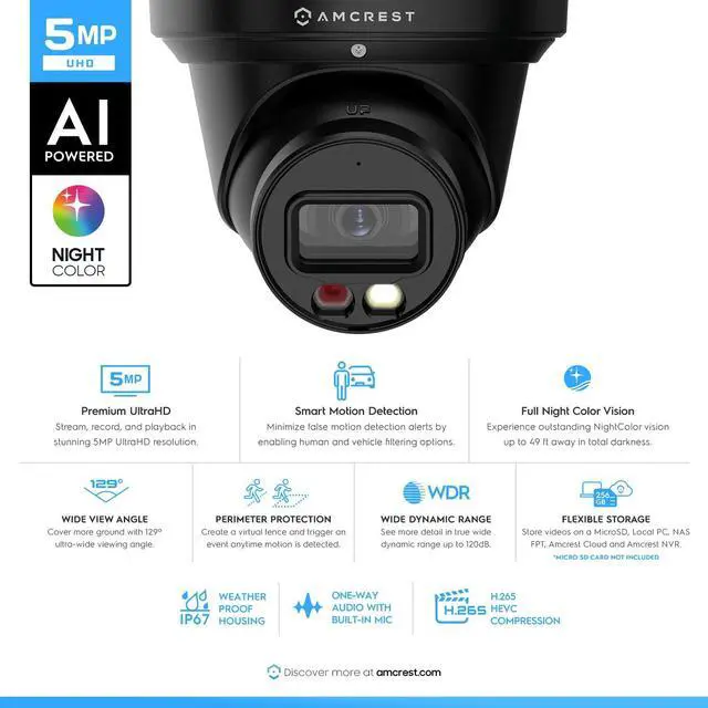 Alt view image 2 of 5 - Amcrest 2-Pack AI Turret IP PoE Camera w/ 49ft Nightvision, Security IP Camera Outdoor, Built-in Microphone, Human & Vehicle Detection, Active Deterrent,129° FOV, 5MP@20fps 2PACK-IP5M-T1277EB-AI
