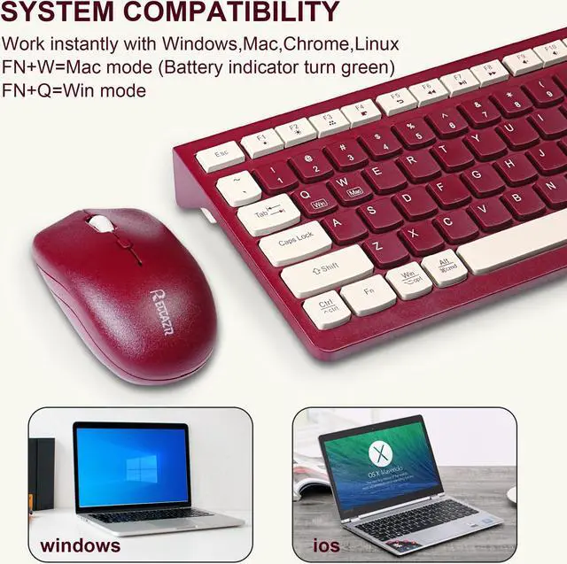 Alt view image 4 of 5 - Reccazr Wireless Keyboard and Mouse Combo, 2.4G Full-Sized Keyboard and Mouse Cordless, 3 DPI Adjustable Mouse, Dual-System Keyboard for Computer/Laptop/Windows/Mac (Wine Red)