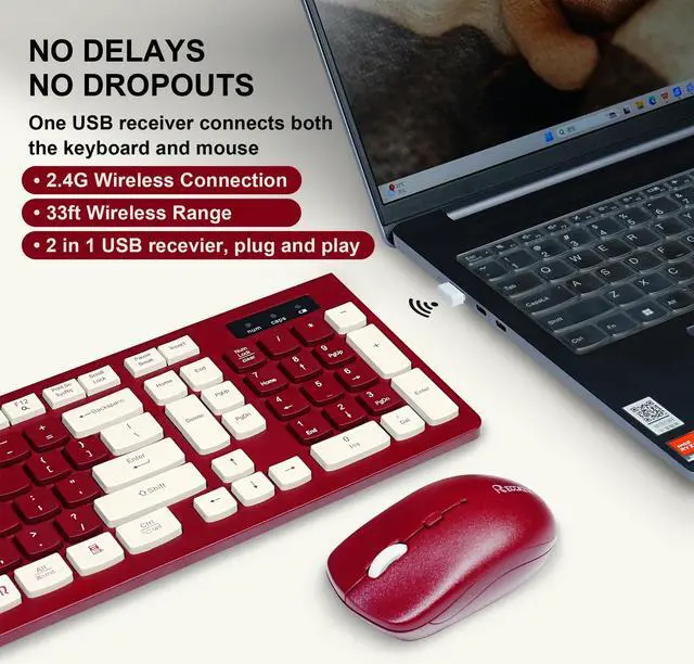 Alt view image 2 of 5 - Reccazr Wireless Keyboard and Mouse Combo, 2.4G Full-Sized Keyboard and Mouse Cordless, 3 DPI Adjustable Mouse, Dual-System Keyboard for Computer/Laptop/Windows/Mac (Wine Red)