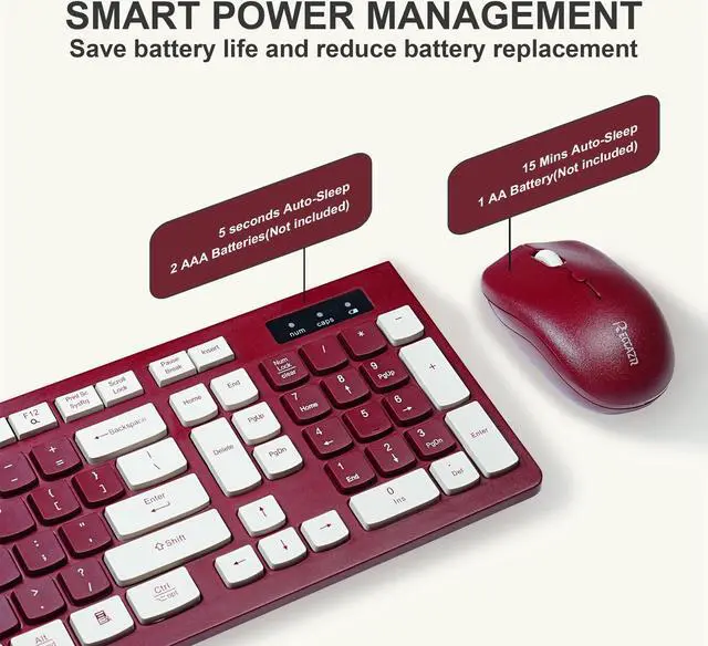 Alt view image 3 of 5 - Reccazr Wireless Keyboard and Mouse Combo, 2.4G Full-Sized Keyboard and Mouse Cordless, 3 DPI Adjustable Mouse, Dual-System Keyboard for Computer/Laptop/Windows/Mac (Wine Red)