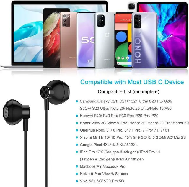 Alt view image 5 of 5 - ACAGET USB C Headphones, Galaxy S21 Ultra Earbuds Wired Earphone for Android Semi in Ear USB Type C Headphone HiFi Stereo USB C Earphones for Samsung Galaxy S22 Plus S20 FE Note 20 Tab S6 S5e Black