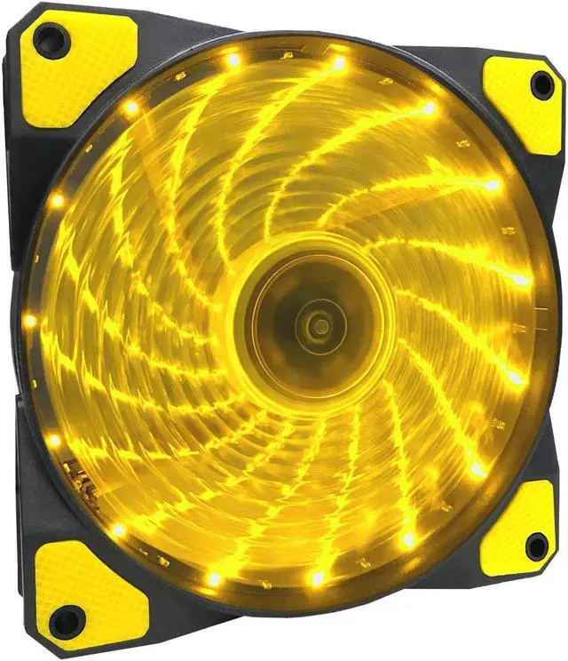 Alt view image 2 of 5 - APEVIA AF512L-SYL 120mm Yellow LED Ultra Silent Case Fan w/ 15 LEDs & Anti-Vibration Rubber Pads (5-pk)