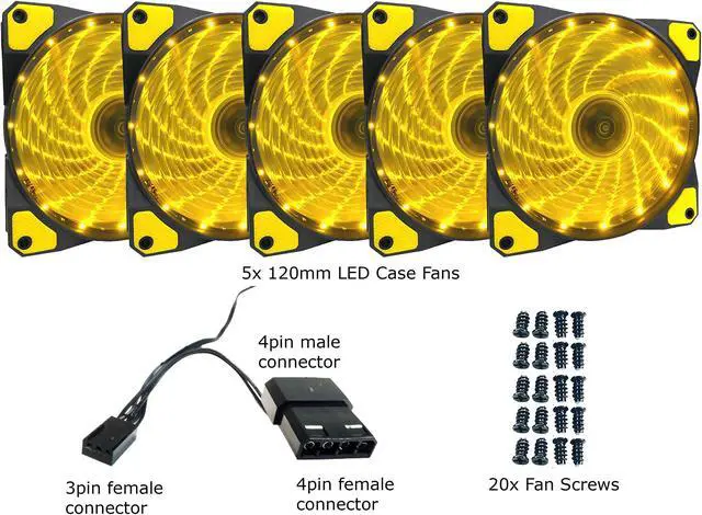Alt view image 5 of 5 - APEVIA AF512L-SYL 120mm Yellow LED Ultra Silent Case Fan w/ 15 LEDs & Anti-Vibration Rubber Pads (5-pk)
