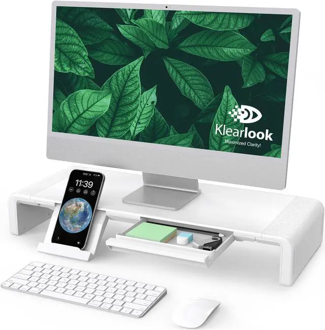 Main image of Monitor Stand Riser, Klearlook Foldable, Height Adjustable Computer Stand, Desk Shelf Riser with Storage Drawer &Tablet Phone Stand for Desktop, Laptop (White)