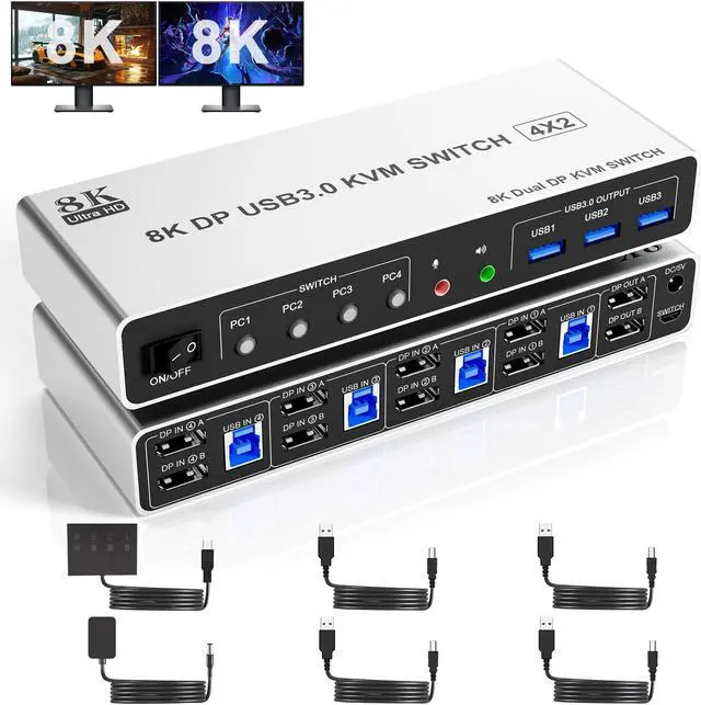 Main image of 8K@60Hz USB3.0 Displayport KVM Switch 2 Monitors 4 Computers, 4 Port DP1.4 Dual Monitor Displayport KVM Switch with Audio, Microphone and 3 USB3.0, Dual Monitors Displayport KVM Switch for 4PCs