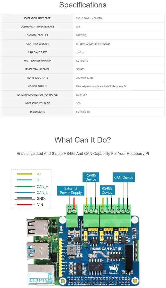 Alt view image 4 of 5 - Coolwell Isolated RS485 CAN HAT (B) for Raspberry Pi Series, SPI Communication, 2-Ch RS485 and 1-Ch CAN, Converts SPI to CAN/RS485