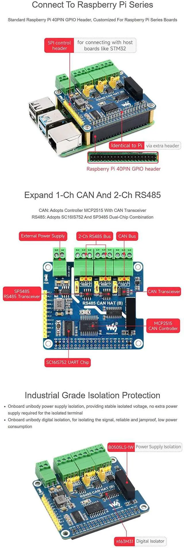 Alt view image 5 of 5 - Coolwell Isolated RS485 CAN HAT (B) for Raspberry Pi Series, SPI Communication, 2-Ch RS485 and 1-Ch CAN, Converts SPI to CAN/RS485