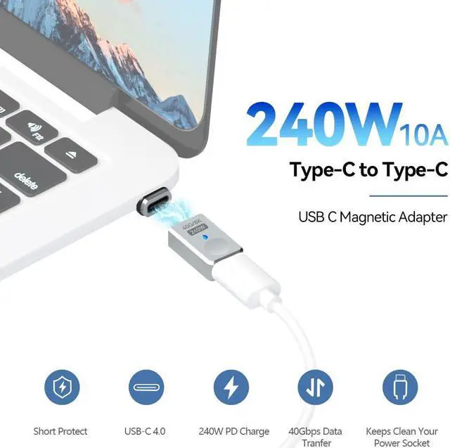 Alt view image 2 of 5 - HESKUL USB C Magnetic Adapter, (2 Pack) Straight Magnetic USB C Adapter 24 Pins with 240w Charge USB4 40Gbps 8K 60Hz for Thunderbolt 3/4, MacBook Pro/Air, Swtich and More Type C Devices