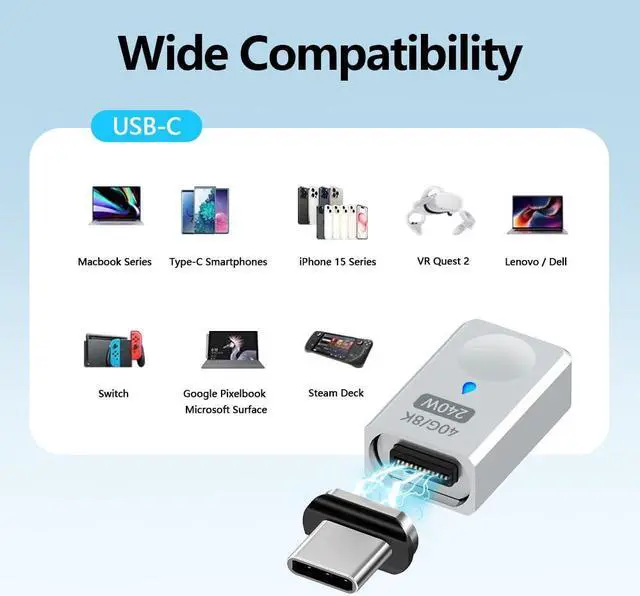 Alt view image 5 of 5 - HESKUL USB C Magnetic Adapter, (2 Pack) Straight Magnetic USB C Adapter 24 Pins with 240w Charge USB4 40Gbps 8K 60Hz for Thunderbolt 3/4, MacBook Pro/Air, Swtich and More Type C Devices