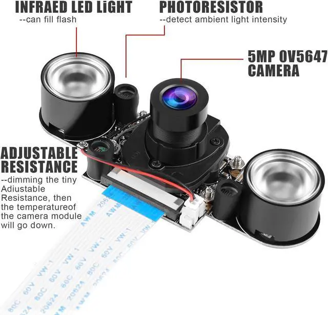 Alt view image 3 of 5 - MakerFocus Raspberry Pi 4B Camera IR Camera Module 75 Degree 5MP OV5647 Webcam Automatically Switching Between Day and Night Vision with Holder and Cable for Raspberry Pi 5 4B 3B+ Zero and Zero W