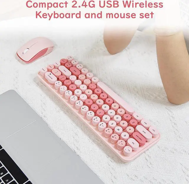 Alt view image 2 of 5 - Compact Wireless Keyboard and Mouse Combo, Colorful Round Keycap, Soundless 68 Keys, Suitable for Girls and Kids, Compatible with Notebook, PC (Pink)
