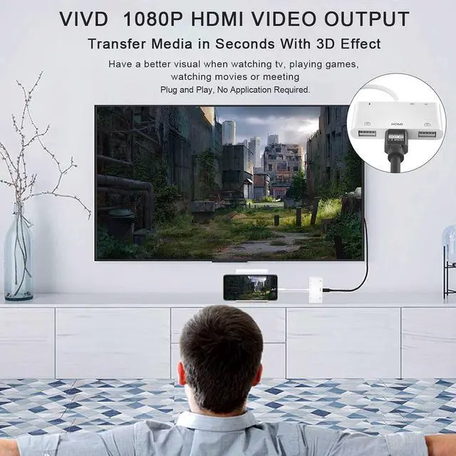 Alt view image 3 of 5 - Lightning to HDMI Adapter for iPhone, 6 in 1 TF & SD Card Reader with Charging Port, HDMI Adapter to TV /Monitor/Projector/USB Drive/MIDI /Keyboard/Mouse Suitable for Meeting Speech and Teaching