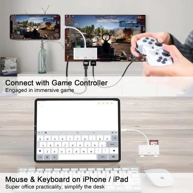 Alt view image 5 of 5 - Lightning to HDMI Adapter for iPhone, 6 in 1 TF & SD Card Reader with Charging Port, HDMI Adapter to TV /Monitor/Projector/USB Drive/MIDI /Keyboard/Mouse Suitable for Meeting Speech and Teaching