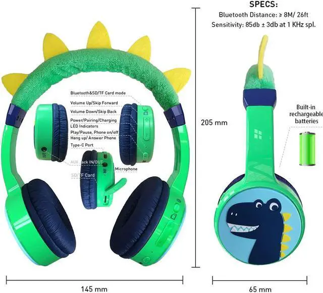 Alt view image 5 of 5 - JBUNION Kids Bluetooth Headphones, with 85dB Volume Limited Adjustable Headphone, Wireless Bluetooth Headphones, Aux 3.5mm Cable Included for Boys Girls Study, School, Kids Headset for ipad/Tablet