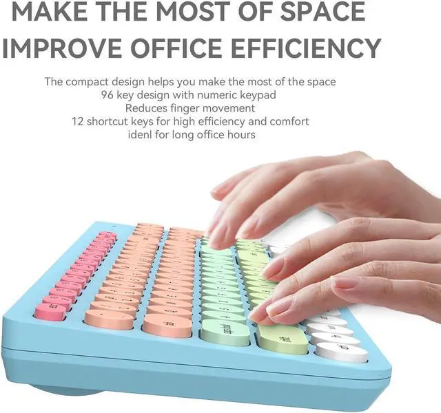 Alt view image 3 of 5 - Wireless Keyboards Mouse Combos, Colorful Cute Typewriter Full-Size Retro Round Keyboard, 2.4GHz Sleep Mode Office Quiet Wireless Creamy Keyboard and Mouse Set for Desktop Laptop PC Computer-Blue