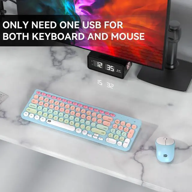 Alt view image 4 of 5 - Wireless Keyboards Mouse Combos, Colorful Cute Typewriter Full-Size Retro Round Keyboard, 2.4GHz Sleep Mode Office Quiet Wireless Creamy Keyboard and Mouse Set for Desktop Laptop PC Computer-Blue