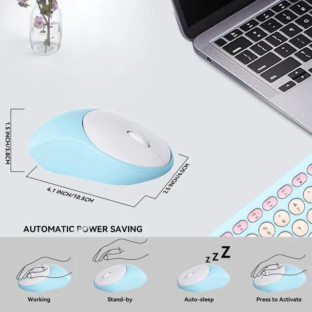 Alt view image 5 of 5 - Wireless Keyboards Mouse Combos, Colorful Cute Typewriter Full-Size Retro Round Keyboard, 2.4GHz Sleep Mode Office Quiet Wireless Creamy Keyboard and Mouse Set for Desktop Laptop PC Computer-Blue