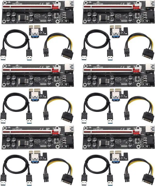 Main image of YABOANG PCI-E 1X to 16X Riser Card, GPU Extender Riser Card - for Bitcoin Ethereum Mining ETH (VER009S,6 Pack) with 0.6 m USB 3.0 Extension Cable & 6PIN SATA Power Cable
