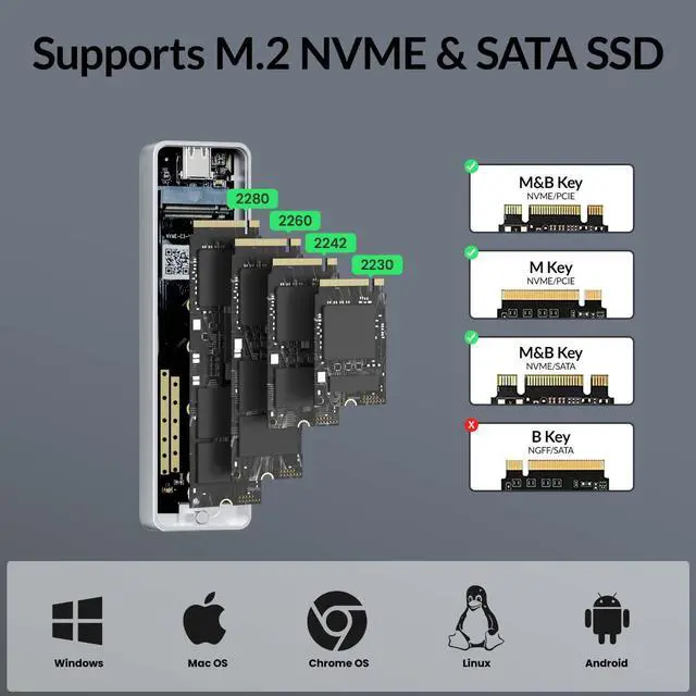Alt view image 4 of 5 - SETMSPACE M.2 NVMe+NGFF(SATA) SSD Enclosure Reader, USB 3.1 Gen 2 (10 Gbps) to M.2 NVMe Enclosure Support UASP for M.2 NVME+NGFF SSD Size 2230/2242/2260/2280(up to 4TB)