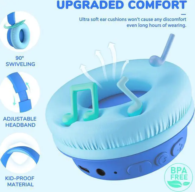 Alt view image 5 of 5 - iClever BTH12 & BTH22 Kids Bluetooth Headphones, Safe Volume, Over Ear Kids Headphones Wireless with Mic AUX Cord for iPad/Tablet/Travel/School, Blue