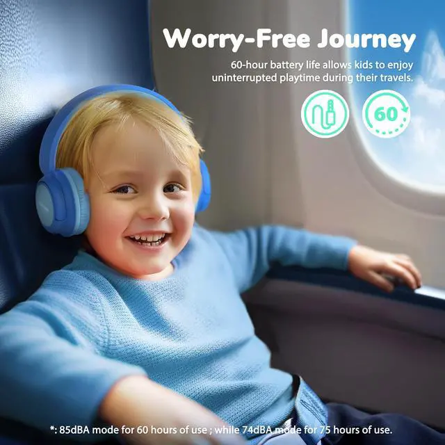 Alt view image 4 of 5 - iClever BTH12 & BTH22 Kids Bluetooth Headphones, Safe Volume, Over Ear Kids Headphones Wireless with Mic AUX Cord for iPad/Tablet/Travel/School, Blue