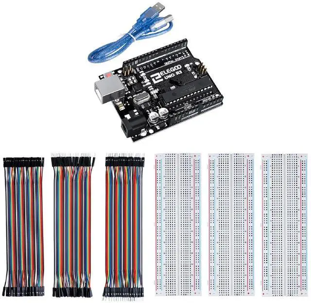 Main image of ELEGOO UNO R3 Board for Arduino & 120pcs Multicolored Dupont Wire & 3pcs Breadboard 830 Point
