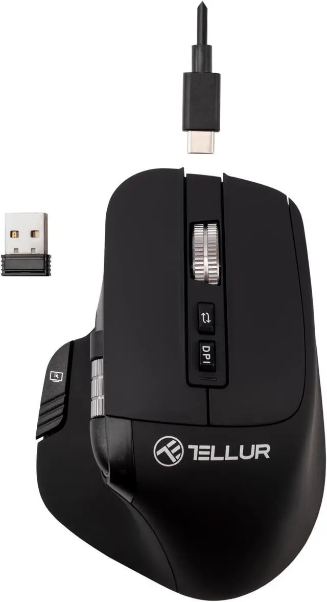 Alt view image 5 of 5 - TELLUR Shade Bluetooth Mouse Silent Click, Rechargeable, 3200DPI, 8 Buttons, 4 Devices Simultaneously, Wireless Mouse with Silent Click, Win, Mac, Android, iOS, USB C, Nano Receiver