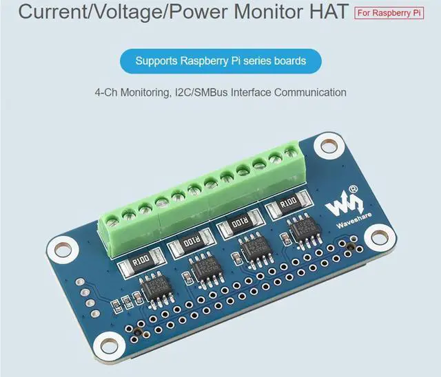 Alt view image 2 of 5 - 4-CH Current/Voltage/Power Monitor HAT for Raspberry Pi 4B/3B+/3B/2B/B+/A+/Zero/W, I2C/SMBus Interface Onboard 0.1 1 Sampling Resistor Measure Bi-Directional Current up to 3.2A Embed 12-bit ADC