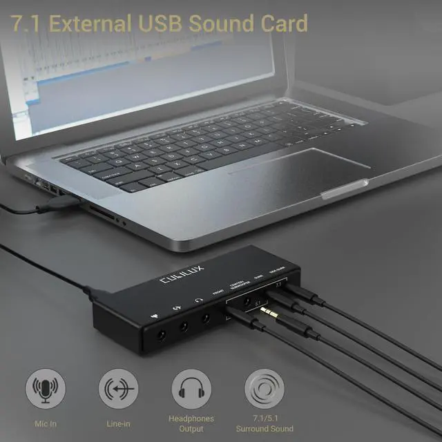 Alt view image 2 of 5 - Cubilux 7.1 USB Surround Sound Card- 48KHz-384KHz Sample Rate for Headphones, Full Aluminum Alloy USB A External Sound Card for Laptop PC-Supports Line-in & Stereo Mic in