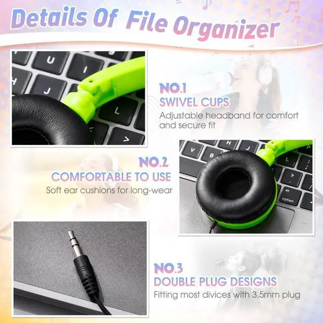 Alt view image 5 of 5 - Geiserailie 36 Pack Classroom Headphones for Students in Bulk 12 Multi Colored Children On Ear Headset for Schools, Libraries, Computer Lab, Testing Centers