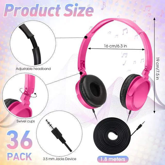 Alt view image 3 of 5 - Geiserailie 36 Pack Classroom Headphones for Students in Bulk 12 Multi Colored Children On Ear Headset for Schools, Libraries, Computer Lab, Testing Centers