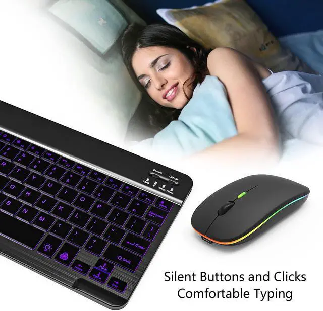 Alt view image 4 of 5 - 7 Color Backlit Bluetooth Keyboard and Mouse Combo for iPad A16 11th 10th Gen iPad Pro Mini Air iPhone, iPadOS 13 or Later, Slim Rechargeable Android Tablet Phone Wireless Mouse Keyboard (Black)