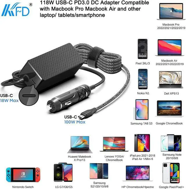 Alt view image 3 of 5 - KFD PD118W 100W 90W USB-C Laptop Car Charger DC Adapter Power Supply for DJI Mavic MacBook Pro Air M4 LG Gram Razer MSI Dell HP Lenovo Acer Samsung Asus Rog Ally Surface Laptop Tablet Phone Speaker