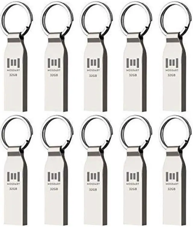 Main image of MOSDART Waterproof 32GB USB2.0 Flash Drive, FAT32 Metal Memory Stick with Keychain, for System Back, Data Storage, Silver(Pack of 10)