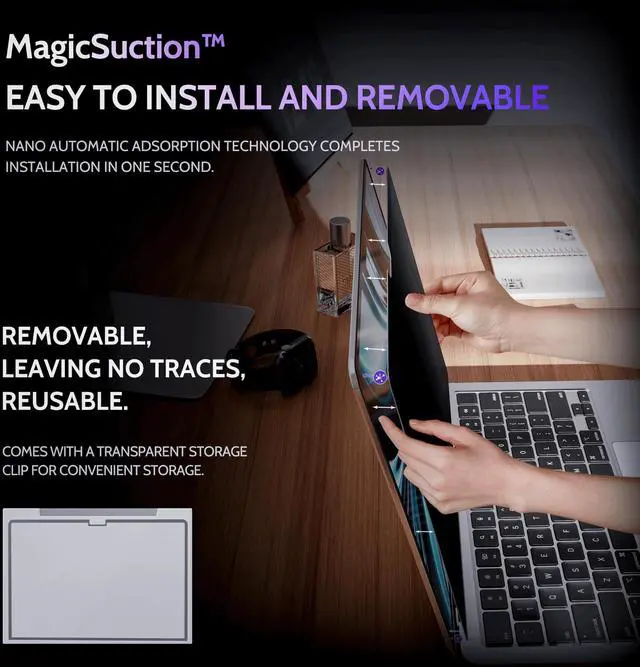Alt view image 2 of 5 - Peslv Privacy Screen for MacBook Air 15 Inch (2023-2025, M2, M3, M4)- A2941 A3114 A3241, MagicSuction Removable Anti Spy Black Protector, Glare Blue Light Filter for Mac Laptop Computer