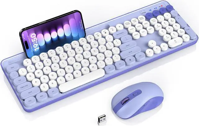Main image of Wireless Keyboard and Mouse Combo, Retro Round Keycap Typewriter Keyboard with Phone/Tablet Holder, Cute Colorful Combo for Computer/Laptop/Windows/PC by SABLUTE, Purple
