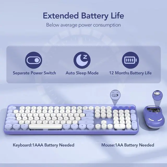 Alt view image 4 of 5 - Wireless Keyboard and Mouse Combo, Retro Round Keycap Typewriter Keyboard with Phone/Tablet Holder, Cute Colorful Combo for Computer/Laptop/Windows/PC by SABLUTE, Purple