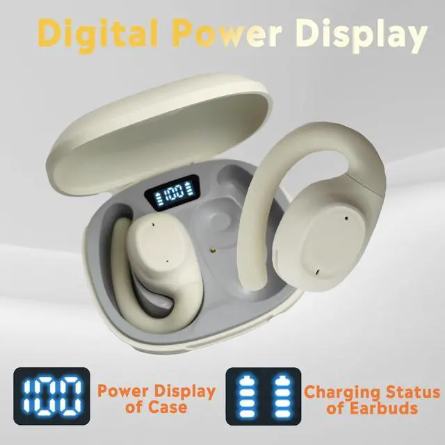 Alt view image 5 of 5 - VOHECHS True Open Ear Wireless Headphones, Bluetooth 5.3 Earbuds with Ear Hooks - 40Hrs Battery Life, LED Display, Stereo  Comfort, Clear Calls, Driving, Cream White