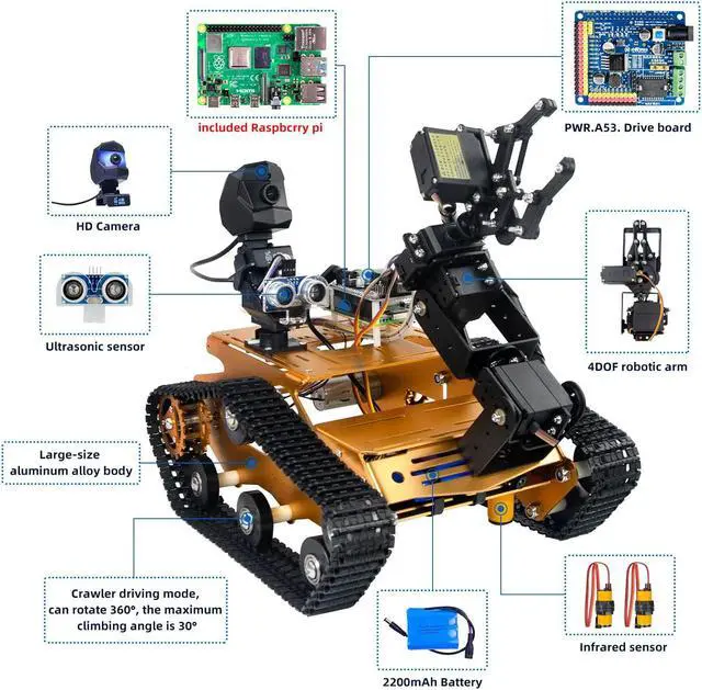 Alt view image 2 of 5 - XiaoR Geek Raspberry Pi Smart WiFi Robot Car Kit, with 2DOF Hd Camera 4DOF Robotic Arm Tank Chassis Kit, Remote Control Programmable AI Vehicle Toy Controlled by Android/iOS App PC