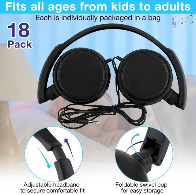 Alt view image 2 of 5 - Yunsailing 18 Pack Classroom Headphones Bulk Student Wired Class Headphones Set for Kids School with Individually Wrapped Adjustable Over Ear Head Earbuds(Black)