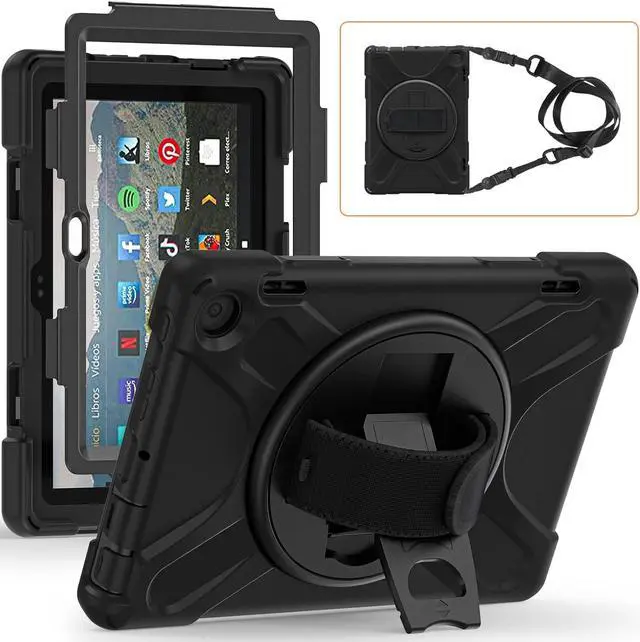 Main image of Rugged Case for Amazon-Kindle-Fire-HD-8 & 8 Plus Tablet (12th Generation, 2022) 8 w/ 360° Rotating Hands-Free Kickstand, Full Body Armor Heavy Duty Shock-Proof Cover w/Hand/Shoulder Strap(Black)