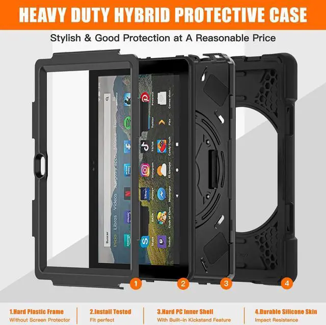 Alt view image 3 of 5 - Rugged Case for Amazon-Kindle-Fire-HD-8 & 8 Plus Tablet (12th Generation, 2022) 8 w/ 360° Rotating Hands-Free Kickstand, Full Body Armor Heavy Duty Shock-Proof Cover w/Hand/Shoulder Strap(Black)