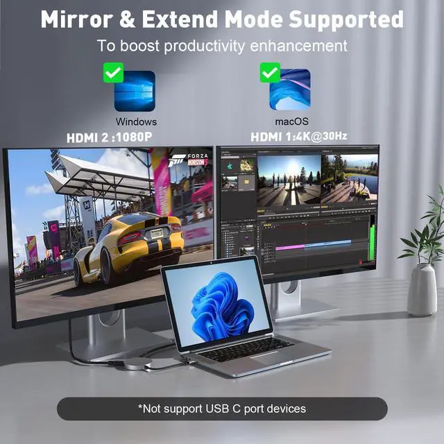 Alt view image 2 of 5 - UANTIN USB 3.0 to Dual HDMI Splitter for 2 Monitor Extended Display | 4K/1080P | External Graphics Card, USB-A to HDMI Adapter for Windows and Mac