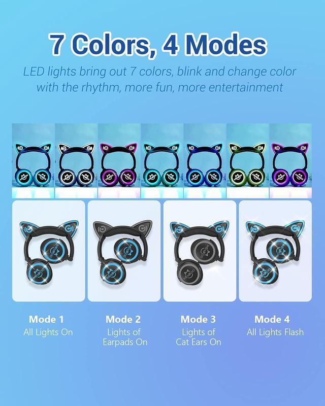 Alt view image 2 of 5 - MindKoo Cat Ear Bluetooth Headphones with Microphone, LED Light Up Over Ear Headphones, Volume Control and Foldable Headset for Tablet/PC/iPad/Cell Phones, Gift for Kids Boys & Girls