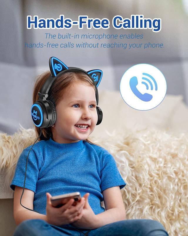 Alt view image 3 of 5 - MindKoo Cat Ear Bluetooth Headphones with Microphone, LED Light Up Over Ear Headphones, Volume Control and Foldable Headset for Tablet/PC/iPad/Cell Phones, Gift for Kids Boys & Girls