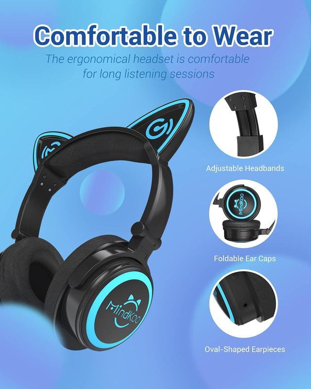 Alt view image 4 of 5 - MindKoo Cat Ear Bluetooth Headphones with Microphone, LED Light Up Over Ear Headphones, Volume Control and Foldable Headset for Tablet/PC/iPad/Cell Phones, Gift for Kids Boys & Girls