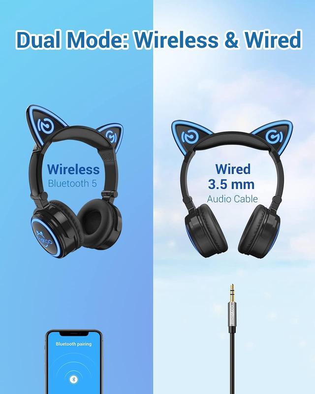 Alt view image 5 of 5 - MindKoo Cat Ear Bluetooth Headphones with Microphone, LED Light Up Over Ear Headphones, Volume Control and Foldable Headset for Tablet/PC/iPad/Cell Phones, Gift for Kids Boys & Girls