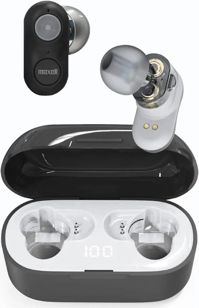 Main image of Maxell  199652, Experience High-Fidelity Sound with Dual-Driver True Wireless Earbuds - Featuring Bluetooth 5.0, 20 Hours of Playtime, Pro Noise Cancelling and IPX3 Water Resistance - Black/Grey